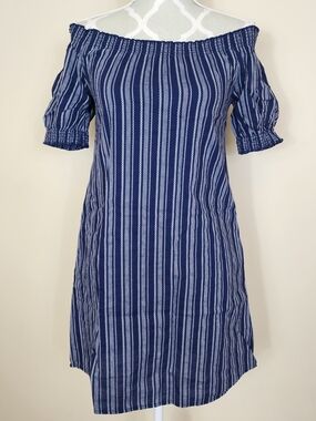 Woven Print Off Shoulder Short Sleeve Navy Striped Mini Dress w/ Pockets Size XS
